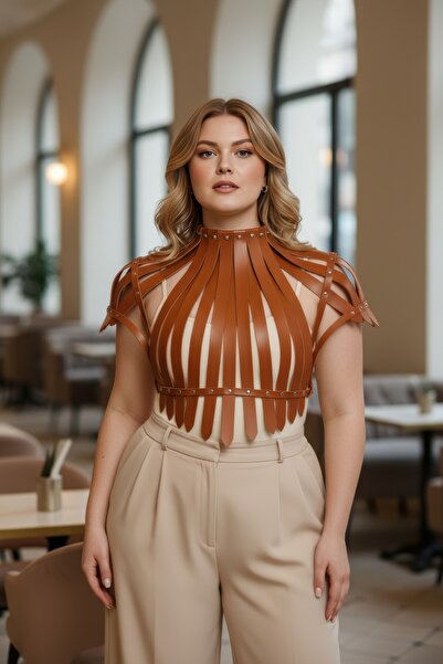 Angels Passion Curea maro pentru femei, cu guler înalt, cu design cu zăbrele ...