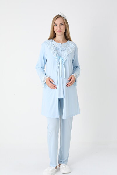BLACKMORE Women's Blue Special Lace Design Cotton Dressing Gown 3-Piece Pajama Set