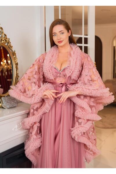 Limas lingerie Special Design Lightweight Feather, Lace Detail 2-Piece Long Dressing Gown