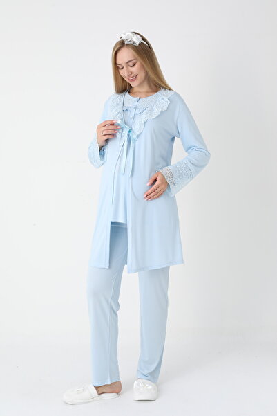BLACKMORE Women's Blue Special Lace Design Cotton Dressing Gown 3-Piece Pajama Set