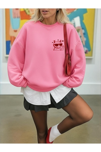 ArtYus Unisex Long Sleeve Transfer Red Cool Cat B Printed Plus Size Crew Neck Sweatshirt