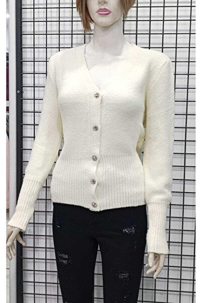 WIENELLA Women's V-Neck Silver Color Buttoned Knitwear Cardigan