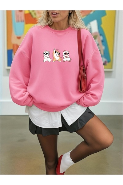 ArtYus Unisex Long Sleeve Transfer Red Cool Cat B Printed Plus Size Crew Neck Sweatshirt