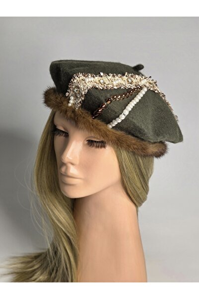 Senbeno Design ÖZGÜN TASARIM ORJİNAL KÜRK VE TAŞLI İNCİLİ ŞERİT DETAYLI HAKİ KADIN FRANSIZ RESSAM BERESİ ŞAPKA