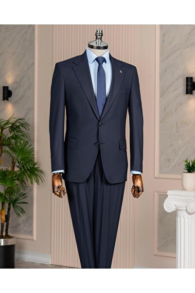 TerziAdemAltun Italian Style S Slim Fit 4 Drop Striped Jacket Trousers Suit Navy Blue T14409
