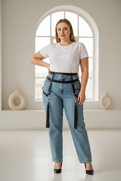 Angels Passion Curea neagră pentru femei de mărime mare, cu detaliu cu ciucur...