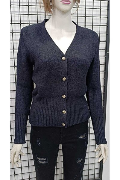 WIENELLA Women's V-Neck Silver Color Buttoned Knitwear Cardigan