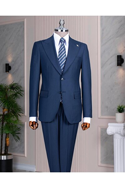 TerziAdemAltun Italian Style S Slim Fit Peaked Lapel Jacket Pants Suit Navy B...
