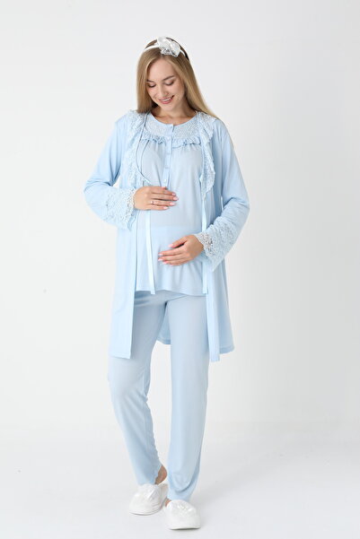 BLACKMORE Women's Blue Special Lace Design Cotton Dressing Gown 3-Piece Pajama Set