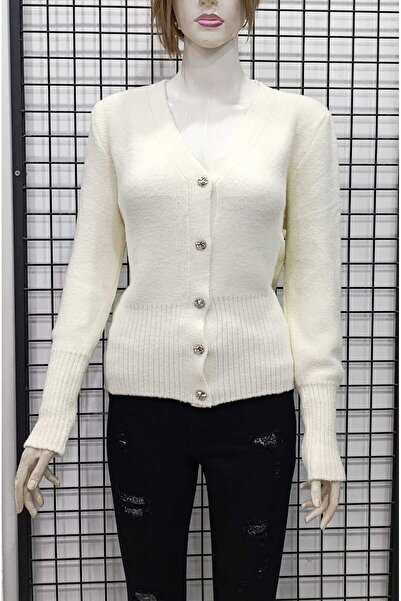 WIENELLA Women's V-Neck Silver Color Buttoned Knitwear Cardigan