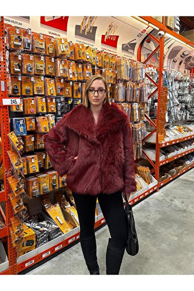 FİOXCO Lavinia Burgundy Shawl Collar Lined Soft Fur