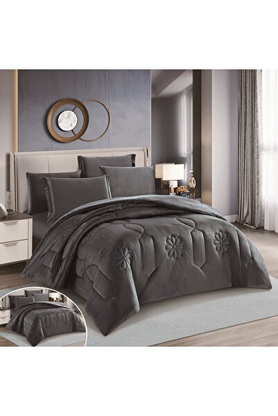 HOURS Livory double-sided winter bedspread with faux fur and velvet, suitable for a 200x200cm double bed, 8-piece set (Liana-03)
