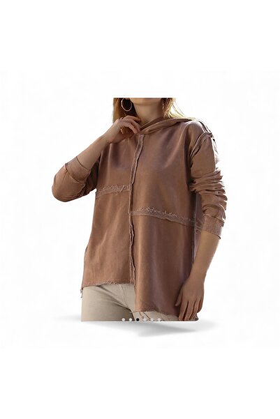 PHUTİ COLLECTION Hooded Long Sleeve Washable Casual Cotton Asymmetric Knitted Sweatshirt