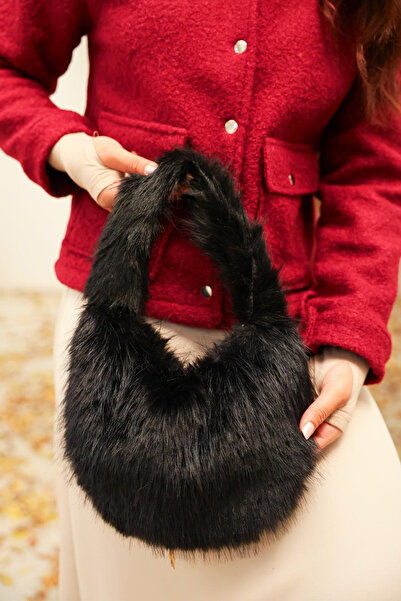 Salih Çelebi Geantă de umăr din blană artificială 18212 - NEGRU