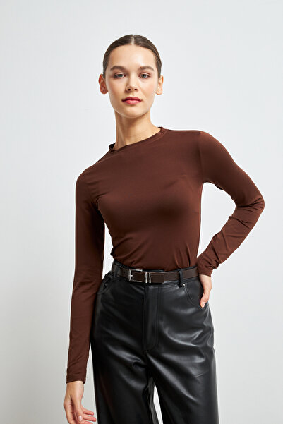 Yefrastore Women's Brown Ultra Soft Stretchy Crew Neck Basic Blouse