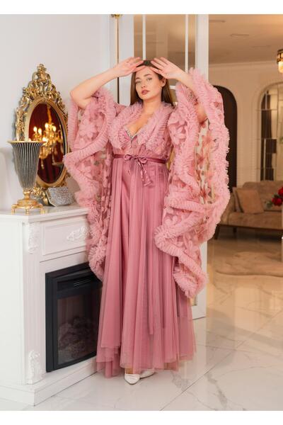 Limas lingerie Special Design Lightweight Feather, Lace Detail 2-Piece Long Dressing Gown