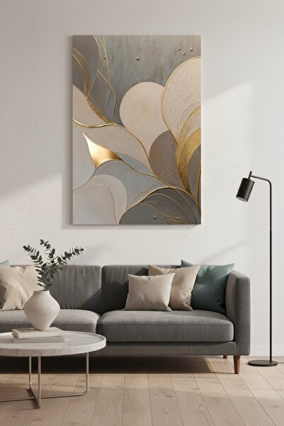 hollywest Lüks Soyut Sanat Kanvas Tablo | Altın Vurgulu Gri ve Bej Yaprak Desenli Modern Duvar Dekoru