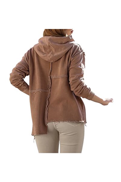 PHUTİ COLLECTION Hooded Long Sleeve Washable Casual Cotton Asymmetric Knitted Sweatshirt