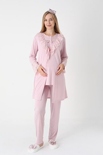 BLACKMORE Women's Powder Special Lace Design Cotton Dressing Gown 3-Piece Pajama Set