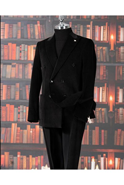 TerziAdemAltun İtalyan stil slim fit kruvaze kadife ceket pantolon takım elbise siyah T14972