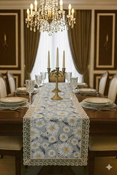 Rona Home Custom-Made Runner with Lace Trim, Decorative Daisy Runner, Washable and Wipeable Dining Runner.