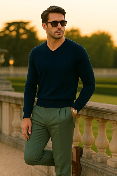 Maccali Men's Trend Casual Long V-Neck Navy Blue Sweater