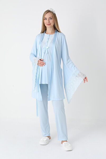 BLACKMORE Women's Blue Fly Sleeve Lace Special Design Cotton Dressing Gown 3-Piece Pajama Set