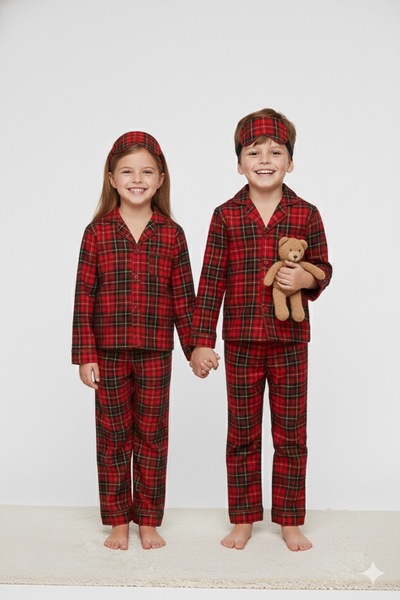 Free Beka Red Plaid Patterned Long Sleeve Shirt Collar Buttoned Children's Pajama Set and Eye Patch