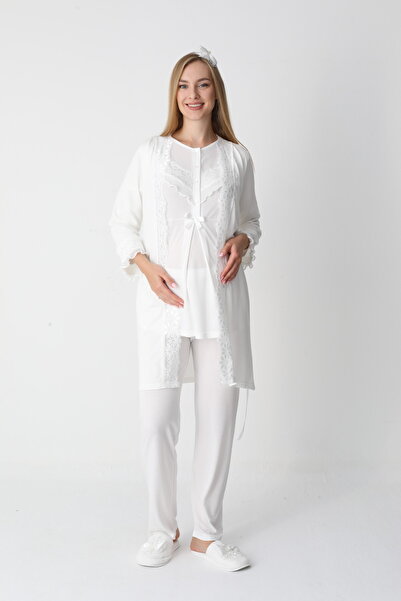 BLACKMORE Women's Ecru Long Sleeve Special Lace Design Ornate Cotton Dressing Gown 3-Piece Pajama Set