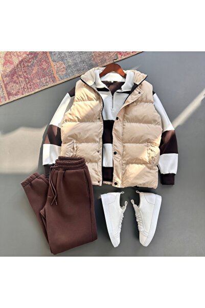 tiggirmoda Надуваема жилетка и комплект от дебел флис с 3 слоя, с половин цип, за горна и долна част, 3 части