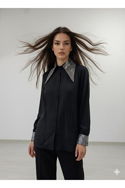 JANES Дамска блуза с дълъг ръкав, яка и маншети