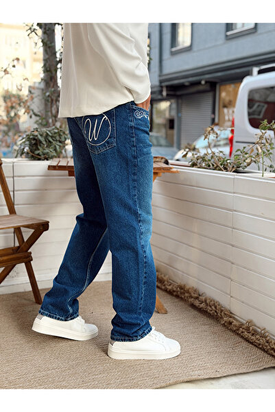 manch collection Pocket Embroidered Regular Fit Jeans Blue