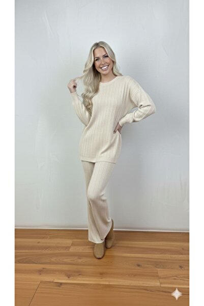 GİYSİ DÜNYASI 57 Knit Fabric with Woven Detail Sweater and Pants 2-Piece Set