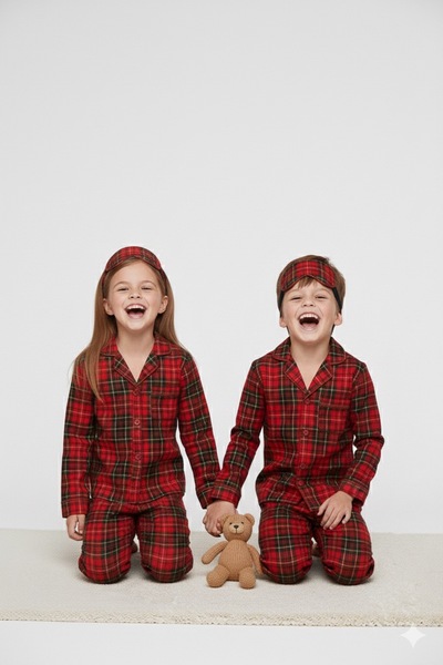 Free Beka Red Plaid Patterned Long Sleeve Shirt Collar Buttoned Children's Pajama Set and Eye Patch