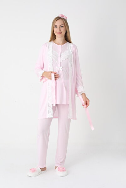 BLACKMORE Women's Pink Long Sleeve Special Lace Design Ornate Cotton Dressing Gown 3-Piece Pajama Set