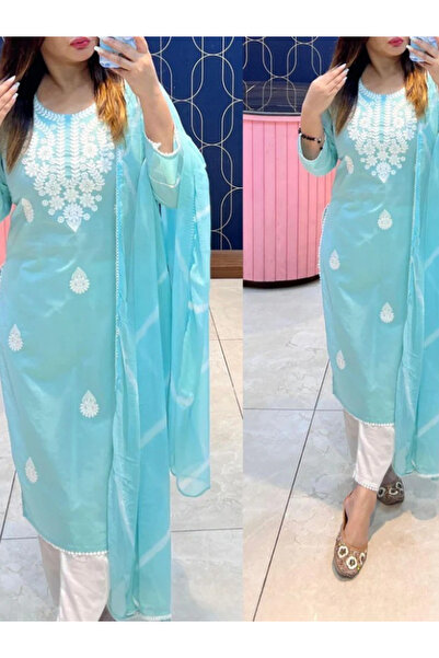 MYSMAR Blue Cotton Kurti Pent & Dupatta Set - PMM19248 | Blue