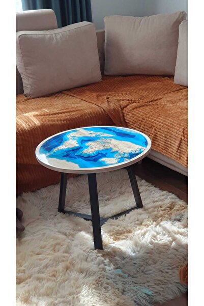 Amco Masă rotundă din lemn și rășină epoxidică - Design unic - Hartă a lumii ...