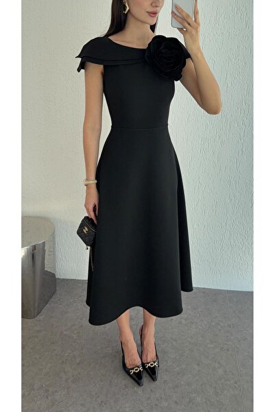 HAZELANNA Black Dress with Brooch