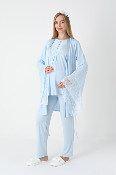 BLACKMORE Women's Blue Fly Sleeve Lace Special Design Cotton Dressing Gown 3-Piece Pajama Set
