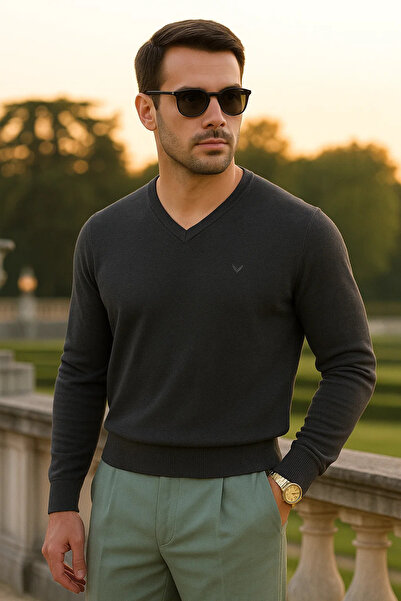 Maccali Men's Trend Casual Long V-Neck Smoked Sweater