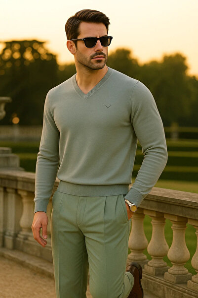 Maccali Men's Trend Casual Long V-Neck Gray Sweater