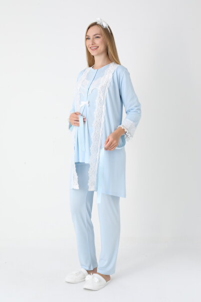 BLACKMORE Women's Blue Long Sleeve Special Lace Design Ornate Cotton Dressing Gown 3 Piece Pajama Set
