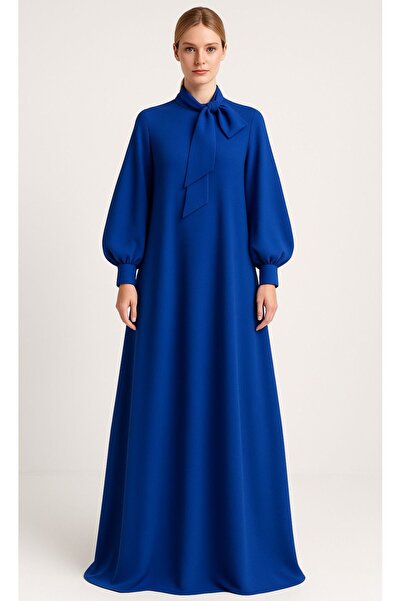 ALYEL NAKER فستان ماكسي من الكريب بتصميم A مع أكمام بالون وتفاصيل ربط على الرقبة