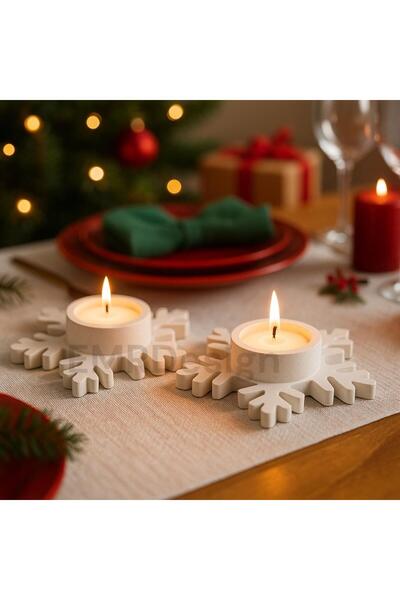 2'li Kar Tanesi Taş Mumluk/ Yılbaşı Tealight Dekor Seti/ Özel Tasarım El Yapımı Taş Tozu Dekor