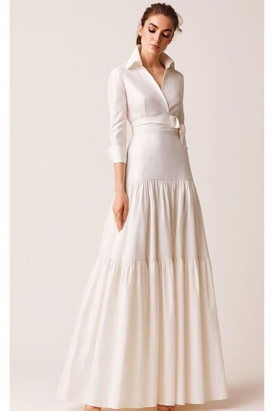 ALYEL NAKER Double-Breasted Maxi Taffeta Stylish Shirt Dress with Closed Coll...