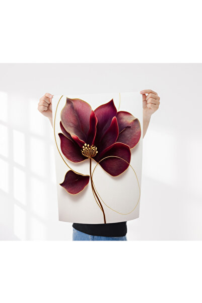 Rosaart Çerçevesiz Poster | Bordo Altın Çizgili Çiçek Posteri |Minimalist Yük...