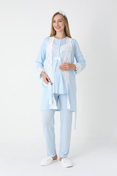 BLACKMORE Women's Blue Long Sleeve Special Lace Design Ornate Cotton Dressing Gown 3 Piece Pajama Set