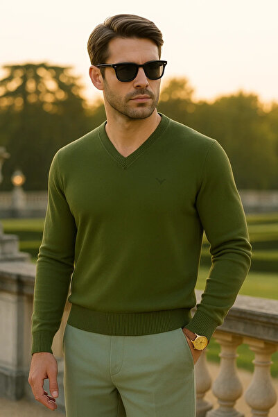 Maccali Men's Trend Casual Long V-Neck Khaki Sweater