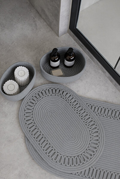 Comfort Craft طقم سجادة حمام من القش/الجوت الرمادي مكون من 4 قطع |   سلة بيضا...