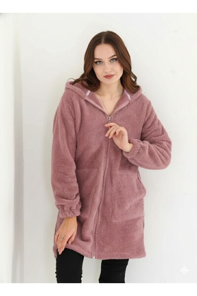 MARMARA FIRSAT Plus Size Zippered Women's Rose Dry Long Fleece Cardigan